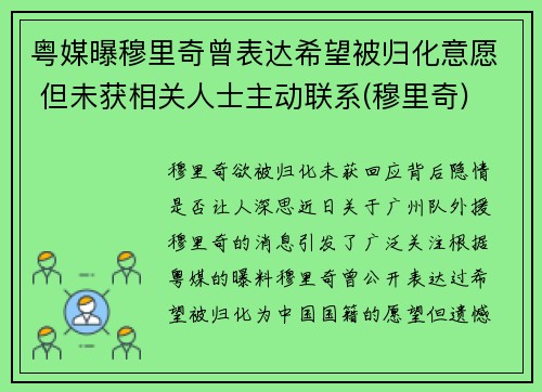 粤媒曝穆里奇曾表达希望被归化意愿 但未获相关人士主动联系(穆里奇)