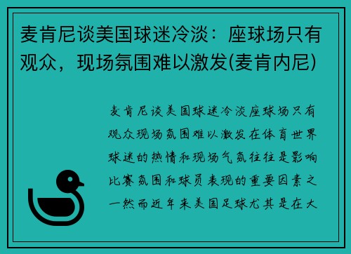 麦肯尼谈美国球迷冷淡：座球场只有观众，现场氛围难以激发(麦肯内尼)